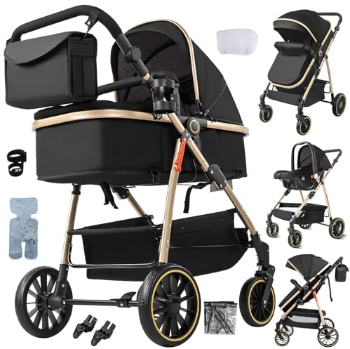 MoLi Kinderwagen 3 in 1, Kinderwagen mit Umkehrbarem Doppelschiebemodus, Buggy mit Großer Bequemer Babywanne, Kombikinderwagen 3 in 1 Rahmen Aluminiumlegierung Faltbar Hohe Landschaft (V8 Black Gold)