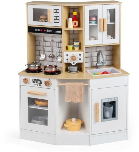 FANTASK Cocina de Juguete de Madera con luz y Sonido, Accesorios de 10 Piezas, Estufa/Fregadero/Horno y electrodomésticos múltiples, Cocina Infantil a Partir de 3 años (Blanco)