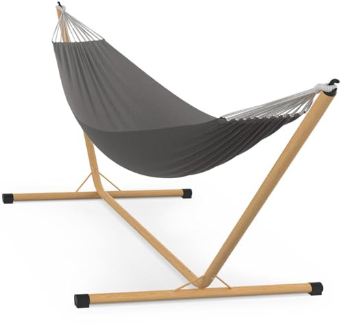 IDMarket – Hamaca con soporte de metal efecto madera y tela gris antracita