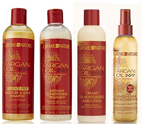 Crème Of Nature - 4er-Set mit Arganöl aus Marokko - Shampoo + Spülung + Leave-In-Spülung + feuchtigkeitsspendende Haarlotion mit Öl