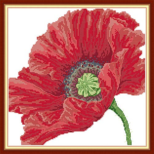Kreuzstich Stickpackungen Vorgedruckt, OWN4B Großer Roter Mohn Bilder 11CT 16,5x16,5 Zoll DIY Stickpackung Set