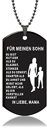 HAYOUWAY Personalisiert Dog Tag Kette Herren mit Gravur Inspirierende Text für Meine Sohn Männer, Edelstahl Dog Tag Anhänger Halskette Geschenke für Unsere Sohn von Mama und Papa