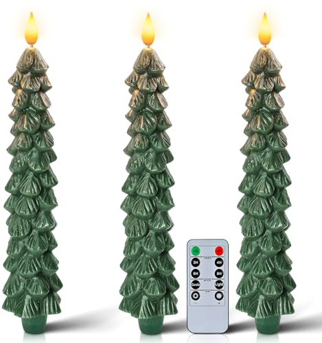 Homemory 3 Pcs Christmas Tree Candles with Remote, Waxy Flameless Taper Candles Flickering, Green LED Candlesticks Battery Operated for New Year Celebration Holiday Decorations 9.6 Inches