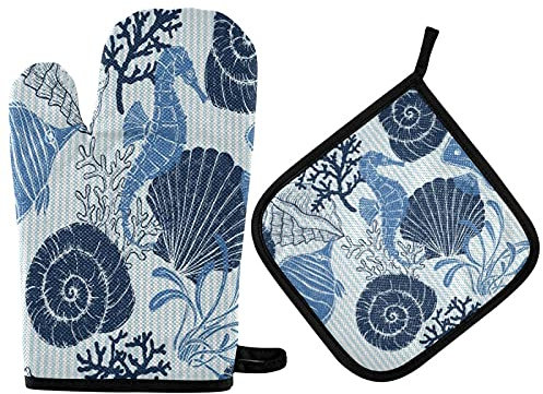 Set di guanti da forno e presine con cavallucci marini blu, decorazioni per la cucina, conchiglie vintage, guanti e presine in corallo resistenti al calore, 2 pezzi guanti da microonde ricic