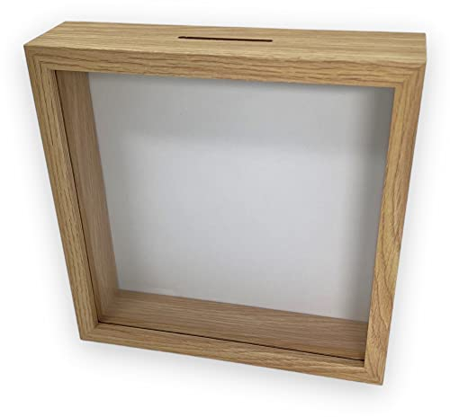 BUSDUGA 4115 Sparkasse Holzoptik, zum selbst gestalten 20x20x5 cm, Bilderrahmen blanko Spardose DIY Geldgeschenk (Holzoptik)