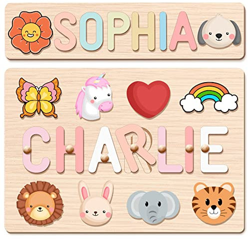 Personalised Name Puzzle-Wooden Puzzles for 1 Year Old-Baby Girl Toys with Animal Elements and Stand-1st Birthday Gifts (For Girls)