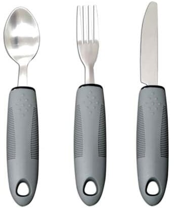 Easy Grip Cutlery Set of 3 Gray Disability Aids with Knife Fork Spoon Large Wide Handled Arthritis Hands Aids Cutlery Adaptive Eating Drinking Utensils for Disabled People Elderly Parkinson