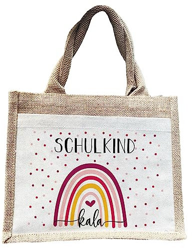 Manilu | SCHULE 2025 | Regenbogen pink- bunt | Jute Pocket Tasche | mit Wunschnamen personalisiert | Einschulungsgeschenk | Schulstart | Geschenktasche zum Schulanfang
