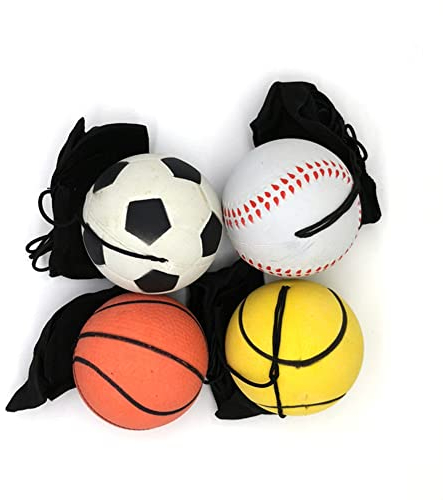 4er Set Springball Returnball Flummi, Armband & Schnur, Safety Clip, Fußball Tennisball Basketball Baseball Ø6.3cm