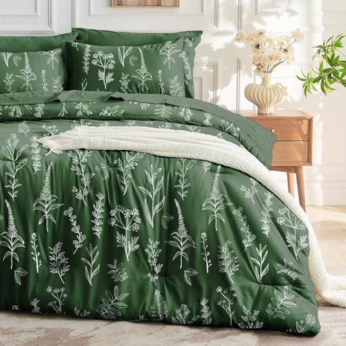 MUXHOMO Set completo di biancheria da letto verde scuro, elegante stampa floreale in una borsa, 7 pezzi, ultra morbido e traspirante, reversibile, motivo botanico, set di biancheria da letto con