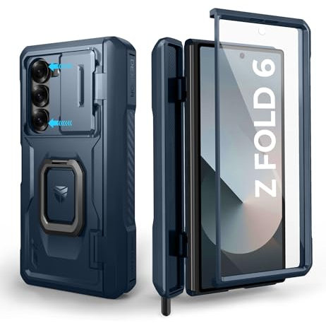 Dexnor Kompatibel mit Samsung Galaxy Z Fold 6 Hülle mit Ringständer&S Stifthalter&Kameraabdeckung Schieben【Scharnierschutz&Displayschutz】, Schwerlast Stoßfest Stoßstange Robuste Handyhülle- Marineblau