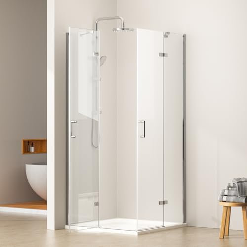 EMKE Duschkabine 80x80 cm Eckeinstieg Pendeltür mit Seitenwand, Duschabtrennung Duschtür Falttür Faltbar Drehfalttür Eckeinstieg Duschkabinen, 5mm Duschwand Glas Faltdusche Höhe 195 cm