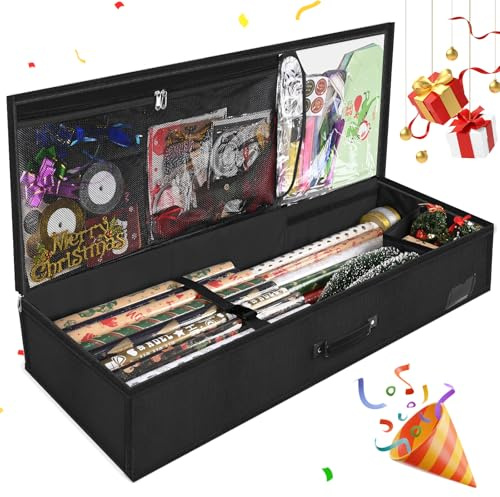 Geschenkpapier Aufbewahrung, 600D Oxford Aufbewahrungstasche Organizer, Aufbewahrung Geschenkpapierrollen Wasserdichtes Reißfest mit Fächern und Handhabung, Geschenkpapier Zubehör 97x35x15cm (Schwarz)