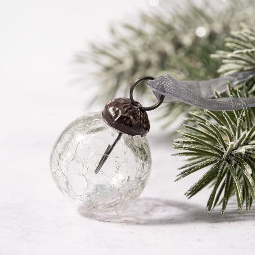 Arthur Cameron - Set of 6 Small 1 Hand-Blown Crackle Glass Balls - 3cm Small Hanging Ornaments with Bronze Caps & Organza Ties – Christmas Tree Decorations (Clear)