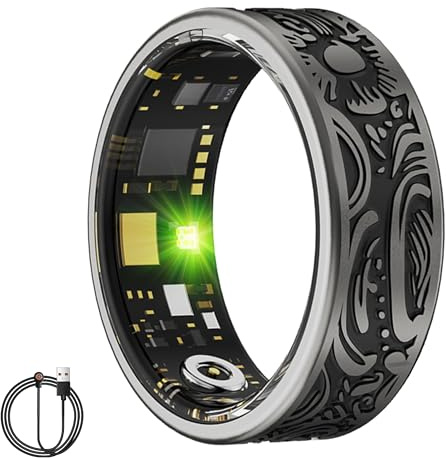 Smart Fitness Ring Tracker Heart Rate & Sleep Monitoring, Blood Oxygen, Step & Calorie Counter, IP68 Waterproof, Bluetooth Ring for iOS & Android, USB Rechargeable, Retro Design for Men & Women (8)