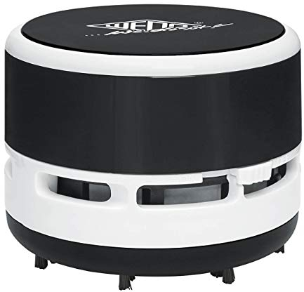 Wedo, a batteria, 20520101 Mini aspirapolvere da tavolo, spazzole, contenitore di raccolta svitabile Altezza circa 6,3 cm, diametro 8,5 cm, batterie incluse, nero/bianco