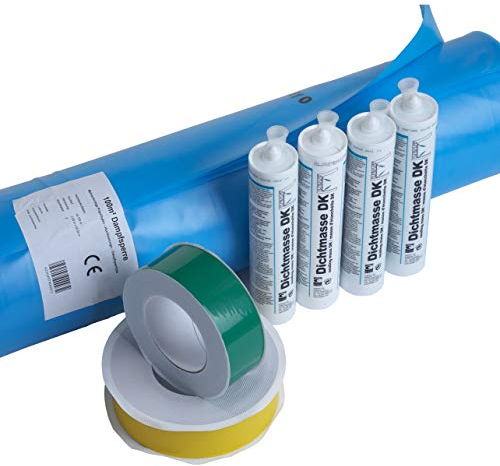 100m² Dampfsperrset Dampfsperrfolie 2m x 50m - Dampfsperre- Klebebänder - Anschlussklebemasse Dach Dachabdichtung Dampfbremse Dachfolie abdichten Set Abdichtset