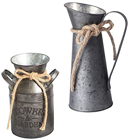 Cabilock 2 Pièces Shabby Chic Arrosoir Galvanisé Pichet Vase Rustique Métal Cruche Primitive Cruche Ferme Pays Seau Décoratif Fleur Titulaire