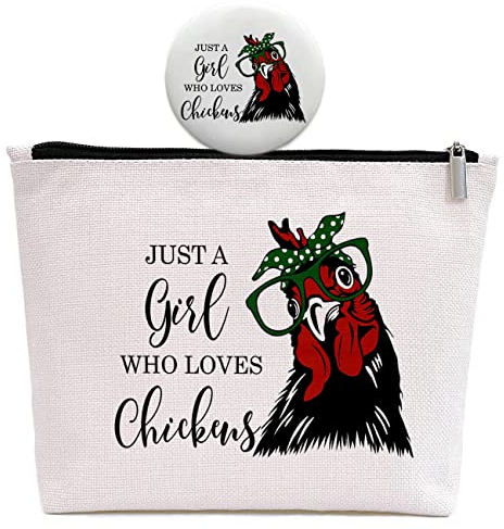 GevGuxLuo Makeup Bag for Women, Beige, Girl Loves Chickens