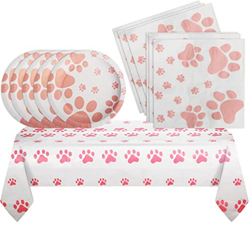Dog Birthday Decorations, Puppy Party Supplies, 20 Plates and 20 Napkin and 1 tablecloth , Puppy Theme Birthday Party Decoration for Girl
