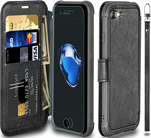 VANAVAGY Compatible iPhone 7/8/se Wallet Case,Leather Flip Folio Shockproof Phone Cover [Screen Protector Included][Support Wireless Charging] with RFID Blocking Card Holder, Black