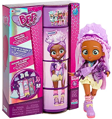 BFF by Cry Babies Phoebe | Modepuppe zum Sammeln mit Langen Haaren, Stoffkleidung und 9 Accessoires - Geschenk Spielzeug für Mädchen und Jungen ab 5 Jahren