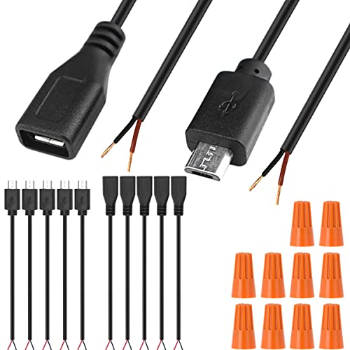 Xiatiaosann Câble micro USB mâle femelle vers 2 x extrémités de câble ouvertes, connecteur USB 2.0 vers 2 fils d'alimentation câble d'extension chargeur connecteur prise ligne 2 broches pour Arduino