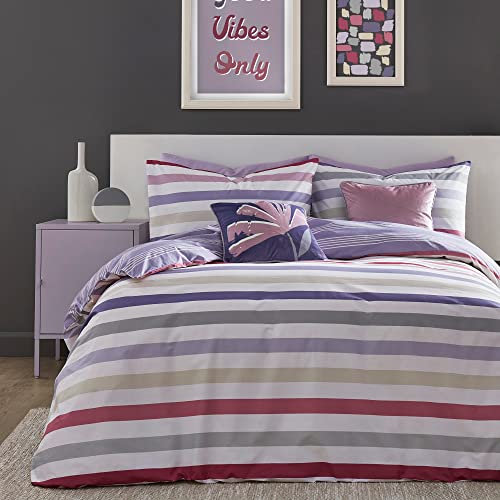 Fusion - Carlson Stripe - Set copripiumino reversibile - Letto matrimoniale in lilla