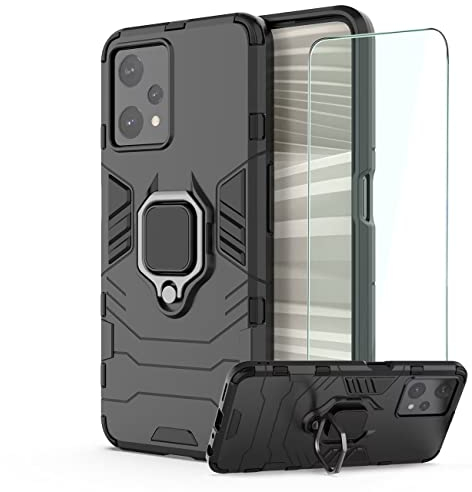 DERHAN Funda para Realme 9 5G / Realme 9 Pro 5G, Fundas Resistentey Duradero con Cristal Templado, Carcasa Antigolpes Silicona TPU Bumper Case Cover con Soporte Anillo - Negro