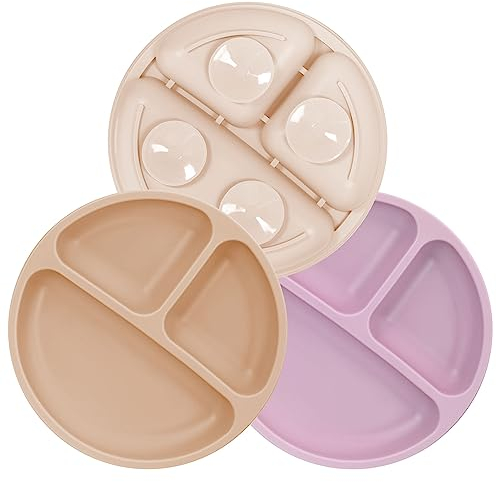 MOJINL Kinderteller mit Saugnapf Rutschfest Silikon Baby Teller BPA Frei Babyteller Kinder Tischset Babygeschirr Spülmaschinenfest für Kleinkinder 3 Stück (Beige/Rotlila/Khaki)