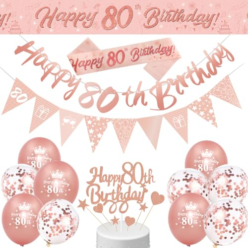 Rose Gold Happy 80th Birthday Banner, Sash, Cake Topper, Triangle Flag and Confetti Balloons for Party Decoration