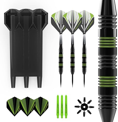 Accudart Dart-Set mit Stahlspitze 3.0 – Rotguss-Oberfläche – Hybrid-Griff – Polycarbonat-Schäfte – Standard-Flights – Drop-in-Case speichert komplett montierte Dartpfeile