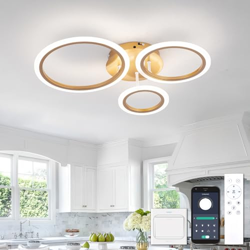 YOLEDY Deckenlampe Led mit Fernbedienung & APP, Decken Lampen mit 3 Ring, Dimmbar, Licht Memory Funktion mit Timer, Moderne Deckenleuchte Rund Wohnzimmer Flur Schlafzimmer, Gold