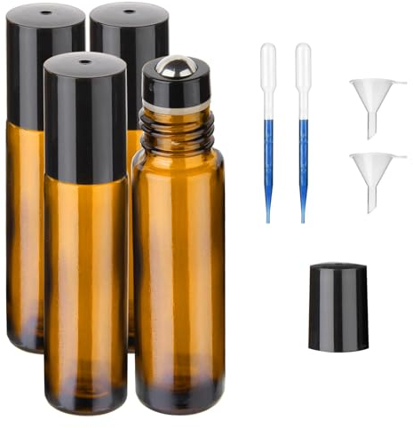Toulifly Glas Roll On Flaschen Set - 4X 10ml Leer, Nachfüllbar für Ätherische Öle, Parfüm, Lotionen - Mit Trichter & Pipette