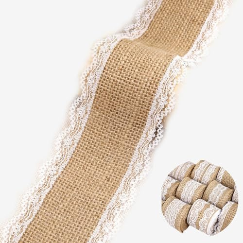 HSTWODE 10M Juteband mit Spitze, 5 cm breit Natürliche jute Bänder und Spitze, Weißer Spitze Natürlich Dekoration Für Geburtstag Hochzeit Party, Weihnachten Dekoration (Stil 9#)