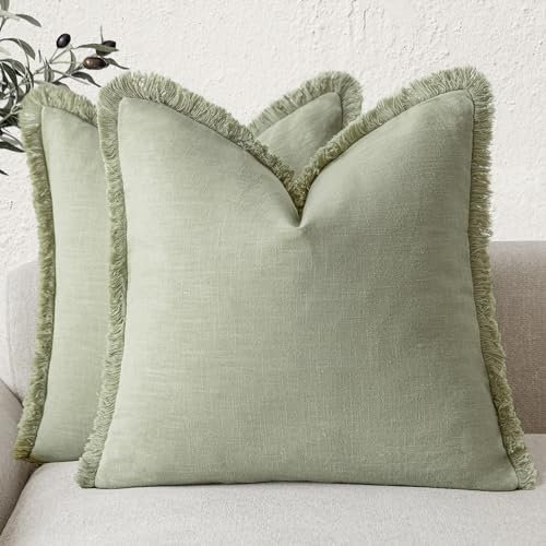 Foindtower Dekorative Leinen-Kissenbezüge, Boho-Stil mit Fransen, Landhaus-Stil, Quasten, Deko-Bezug für Couch, Sofa, Bett, Wohnzimmer, Inneneinrichtung, 2 Stück, 66 x 66 cm, helles Salbeigrün