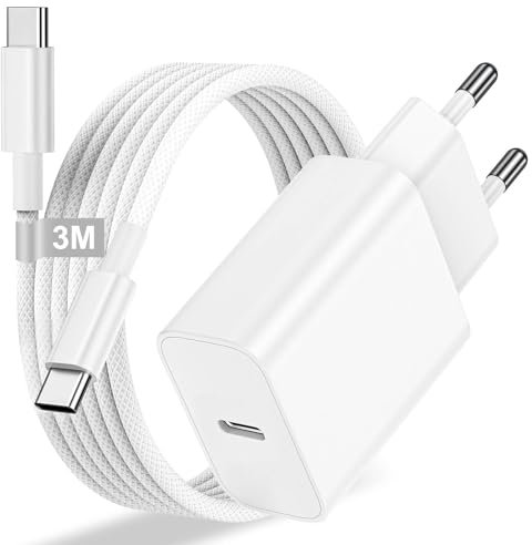 Chargeur Rapide pour iPhone 16/16 Pro/16 Pro Max/16 Plus/15/15 Pro/15 Pro Max/15 Plus/iPad/Air, 25W Chargeur USB C Rapide Prise Adaptateur Secteur USB C et Nylon Tressé Câble USBC vers USBC 3M