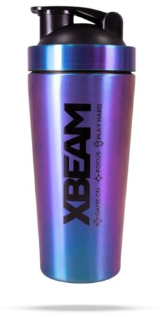 GymBeam Shaker Holoshake Steel YBEAM - Shaker da Gaming in Acciaio per Integratori, 739 ml, con Colino e Coperchio Anti-Goccia, Design Cyberpunk