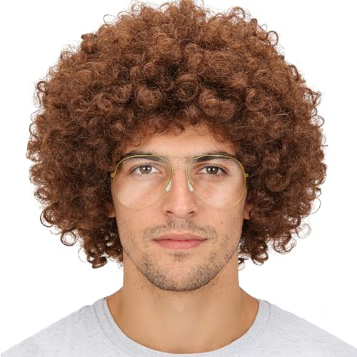 Braun Afro Lockenperücke und Brille Set, Retro 70er Jahre Disco Verkleidung, für Fasching, Halloween, Cosplay, Mottoparty, Party Accessoires