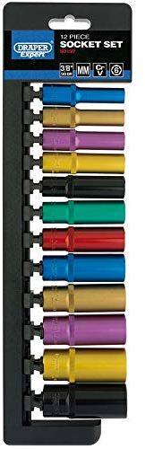 Draper 50197 Square Drive Metric Coloured Deep Socket 12 Pieces Set, 3/8 Length , Blue