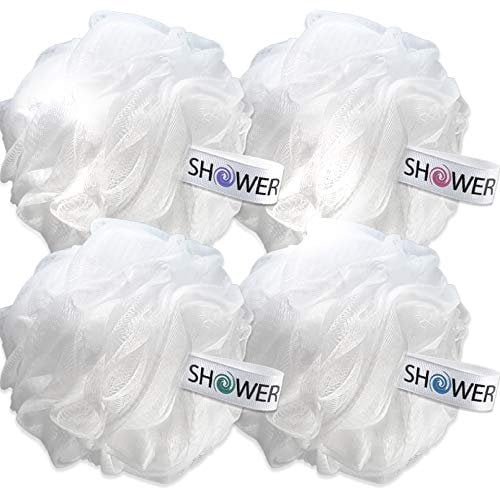 SHOWER BOUQUET Loofah Soft-White-Cloud XL Bath-Sponge 4-Pack // Extra Large 75g Mesh Loofa Lufa Pouf Set for Men and Women - Exfoliate with Big Gentle Cleanse Scrubber in Beauty Bathing Accessories