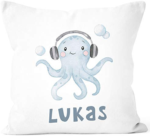 SpecialMe® Kissen-Bezug Kinder mit Namen Octopus Unterwasser Tiermotiv Namenskissen Kinder Baby weiß 40cm x 40cm