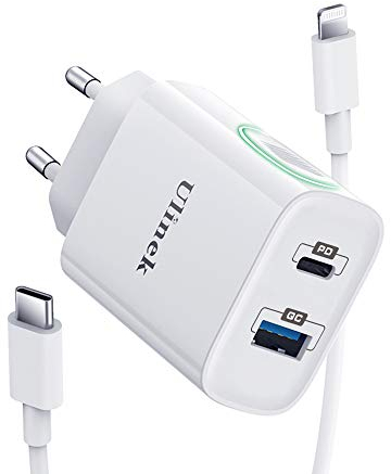 Ulinek 20W iPhone Schnellladegerät 2-Port USB C & A, Ladegerät Adapter USB C Stecker Ladestecker Charger für iPhone 16/15/14/13/12/11/10/SE 2020/X/XR/XS/8 (Weiß)