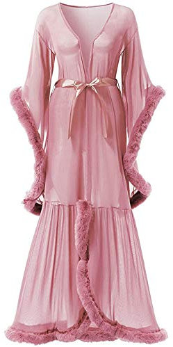 Peignoir Souple Robe de Chambre Femme Nuisette Déshabillé Vêtements de Nuit Femme Plume Lingerie Longue Robes de Mariée,Rose,M