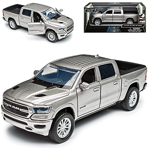 Motormax Dodge Ram 1500 Pick-Up Doppelkabine Silber 5. Generation Ab 2019 mit Rückzugsmotor ca 1/43 1/36-1/46 Modell Auto mit individiuellem Wunschkennzeichen