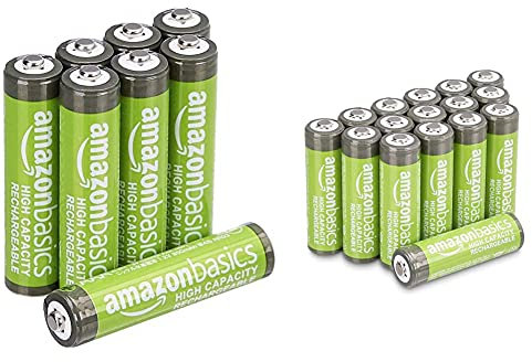 Amazon Basics Piles Rechargeables AA Haute capacité 2400 mAh (Lot de 16) - Pré-chargées & Piles Rechargeables AAA Haute capacité, (Lot de 8) - Pré-chargées (Le visuel Peut différer)