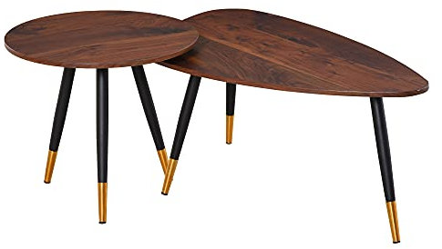 HOMCOM Lot de 2 Tables Basses gigognes Style Art déco Pieds effilés inclinés métal Noir extrémités doré Plateaux MDF Aspect Teck foncé