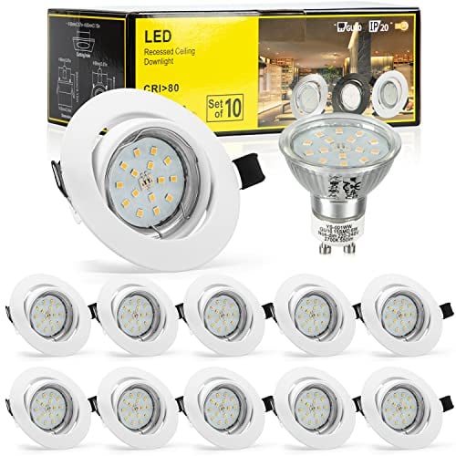 Bojim Led Einbaustrahler 230V Weiß, 10x Led Spot GU10, Deckenspots 68mm 2700K Warmweiß 30° Schwenkbar 82Ra, 6W Einbauleuchten = 54W Halogenlampe, IP20 Einbauspot geeignet für Büro Zimmer Küchen