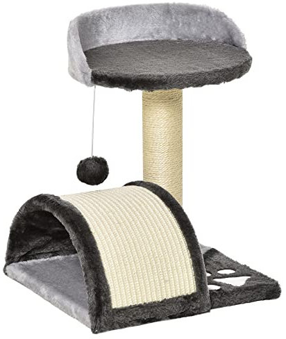 PawHut Arbre à Chat griffoir grattoir Design Jeu Boule Suspendue + Plateforme Peluche sisal Naturel Gris foncé