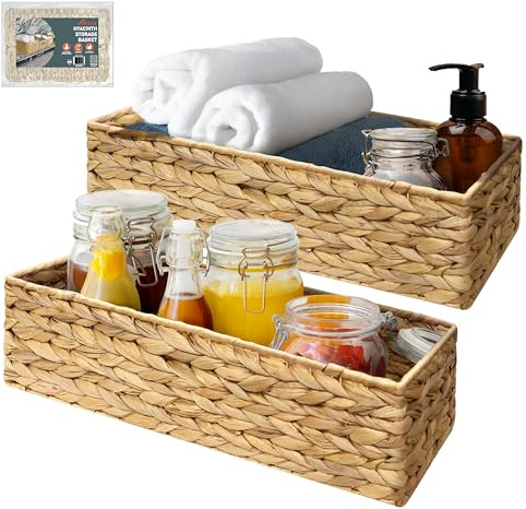 HOMESTEAD Water Hyacinth Storage Baskets, Long Narrow Rectangular Wicker Baskets for Bedroom, Living Room, Bathroom, Shelves - Set of 2